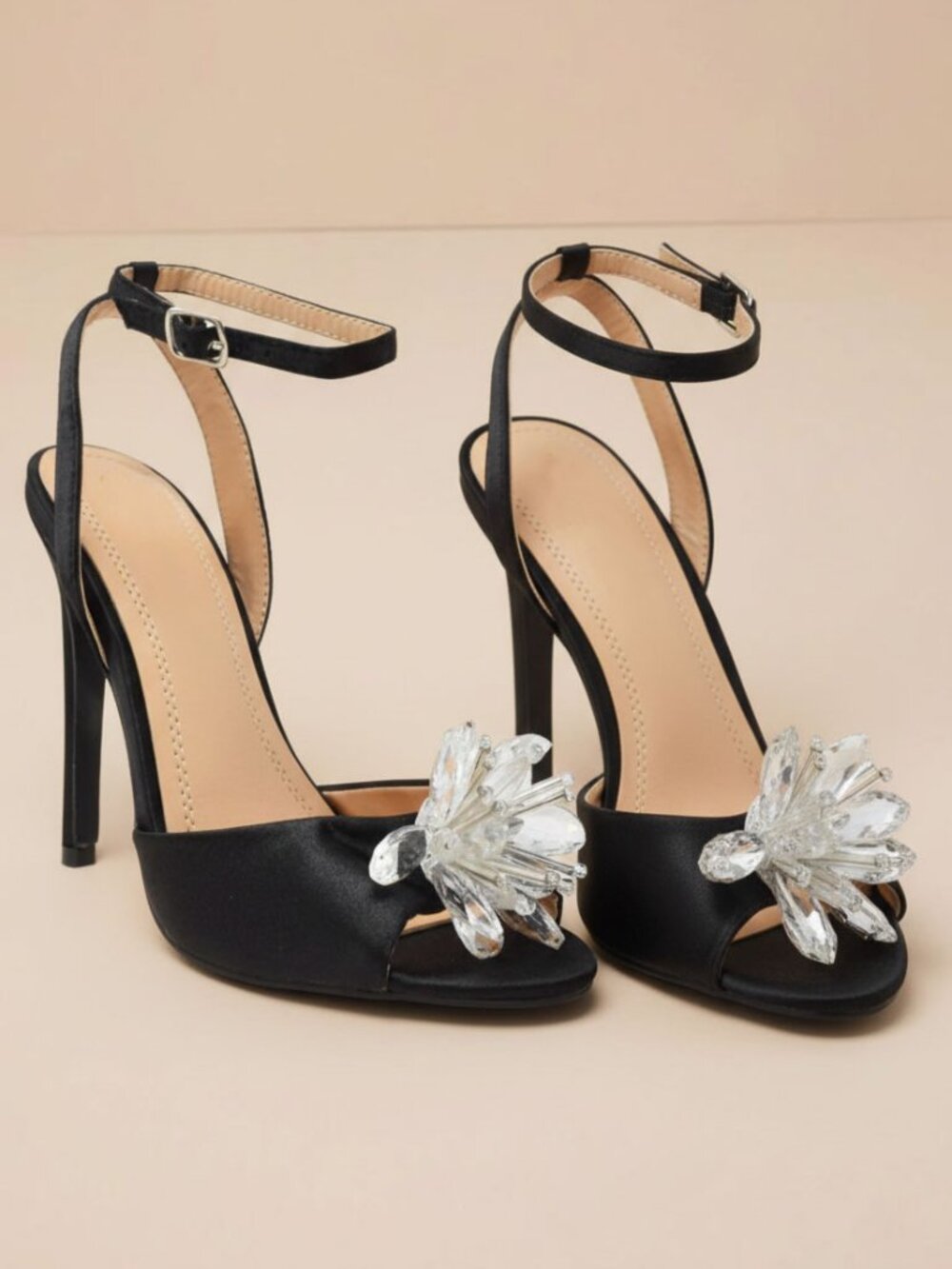 Women’s Crystal Flower Stiletto Sandals – Elegant Open Toe Ankle Strap Heels - Picture 3 of 3
